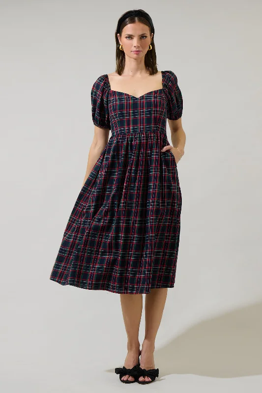 Arvada Plaid Alessi Puff Sleeve Midi Dress