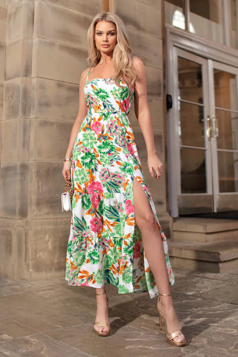 AX Paris Green Floral Print Strappy Smock Midi Dress