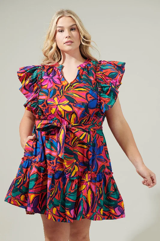 Rainbow Tropics Floral Ruffle Mini Dress Curve