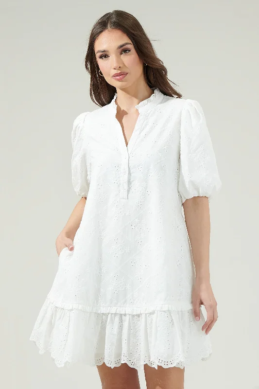 Sky Eyelet Sasha Split Neck Shift Mini Dress