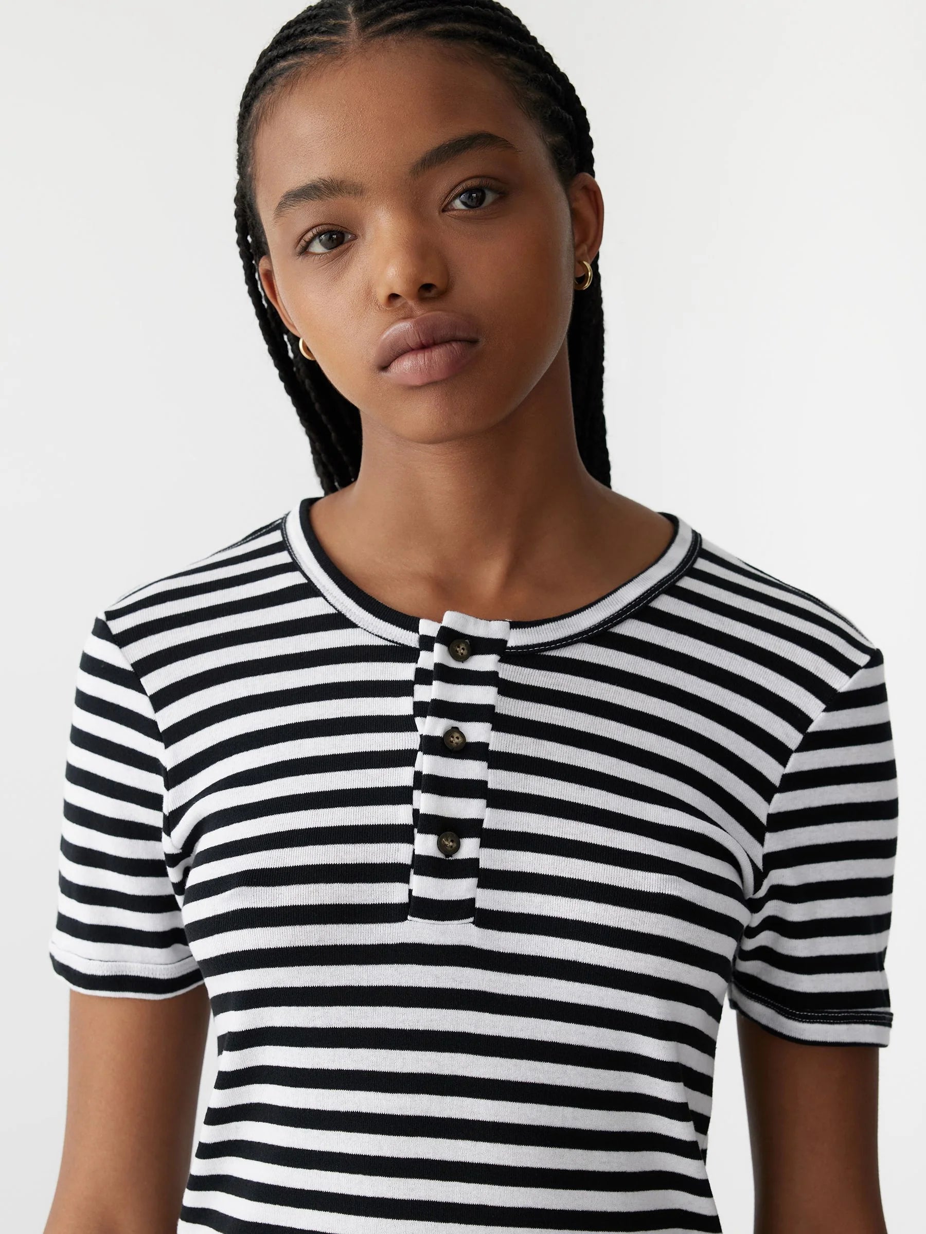 Stripe Rib Placket S/S T.Shirt - Black/White