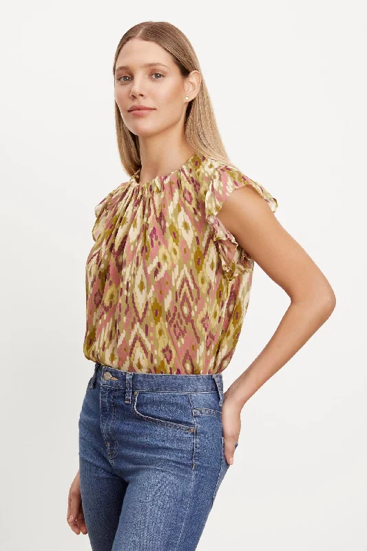 ADARA PRINTED FLUTTER SLEEVE TOP