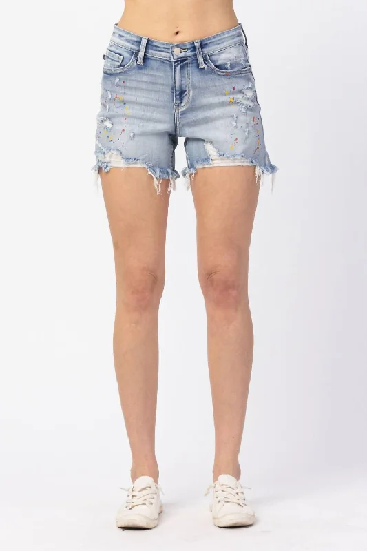 Paint Splatter Distressed Shorts In Light Blue