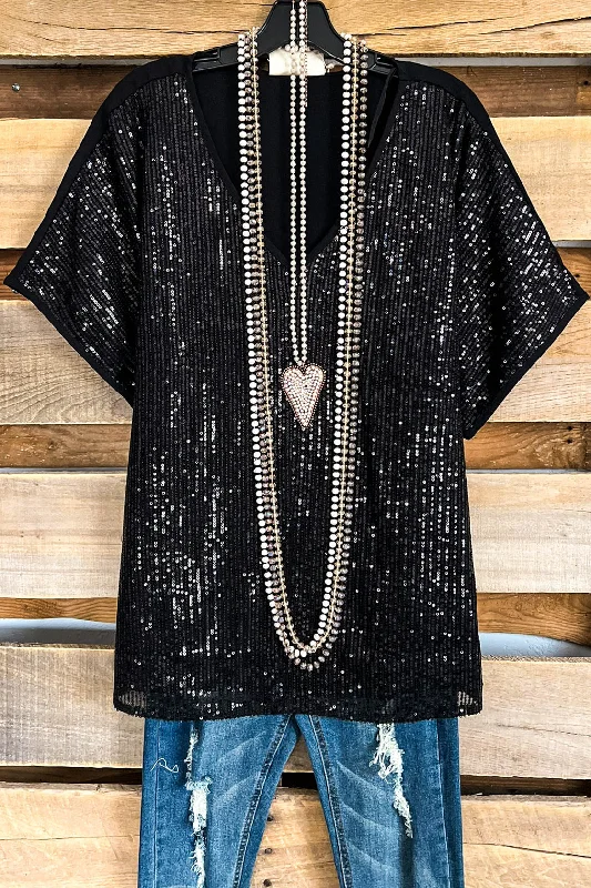 Shine Bright Babe Sequin Oversized Top - Black