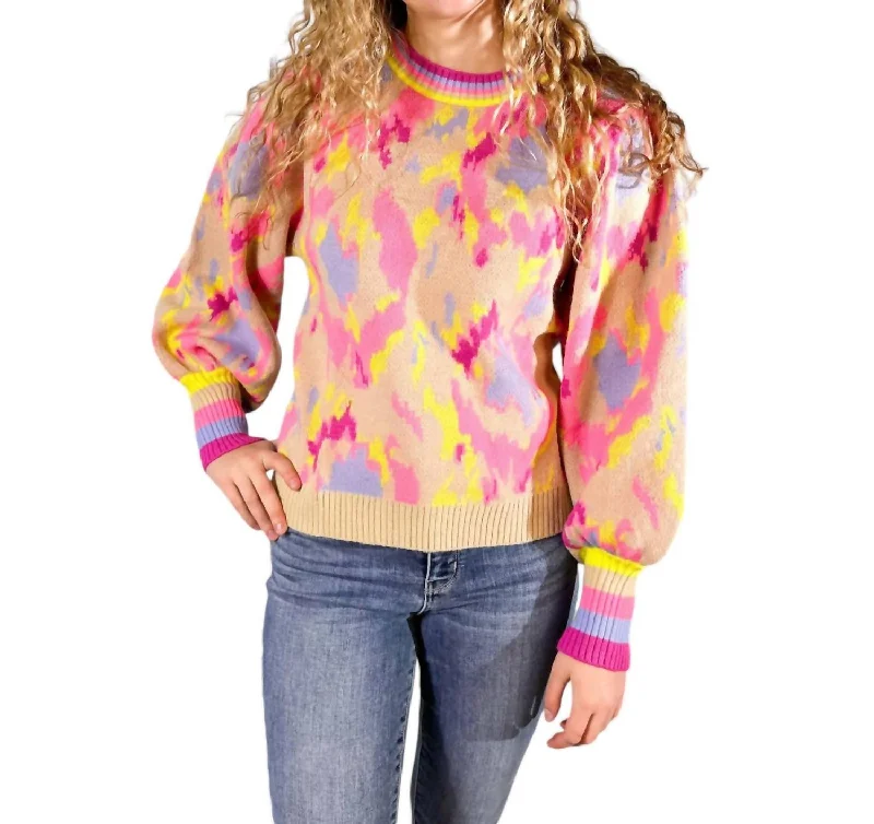 Abstract Print Balloon Sleeve Sweater In Multicolor