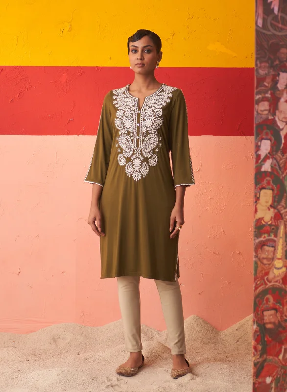 Olive Straight Kurta for Women with Threadwork