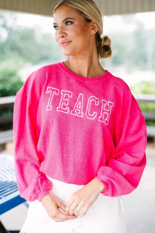 Teach Fuchsia Pink Corded Embroidered Sweatshirt