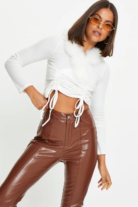 White Fur Trim Drawstring Top