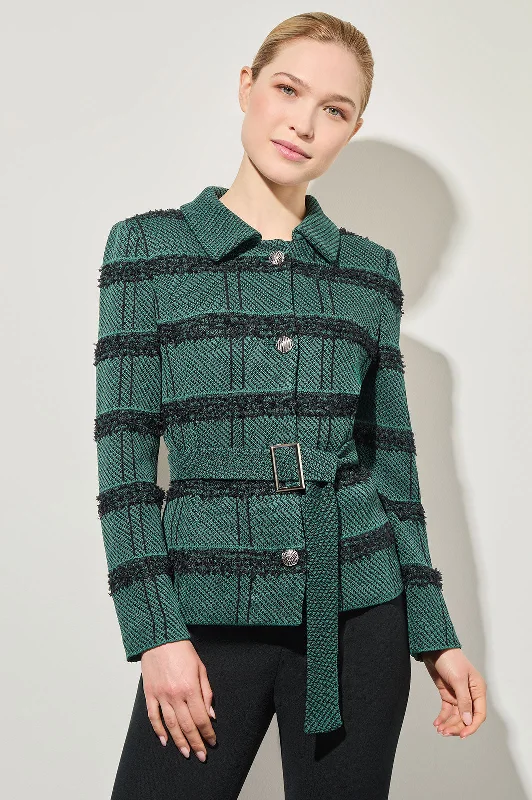 Belted Button-Front Stripe Tweed Jacket