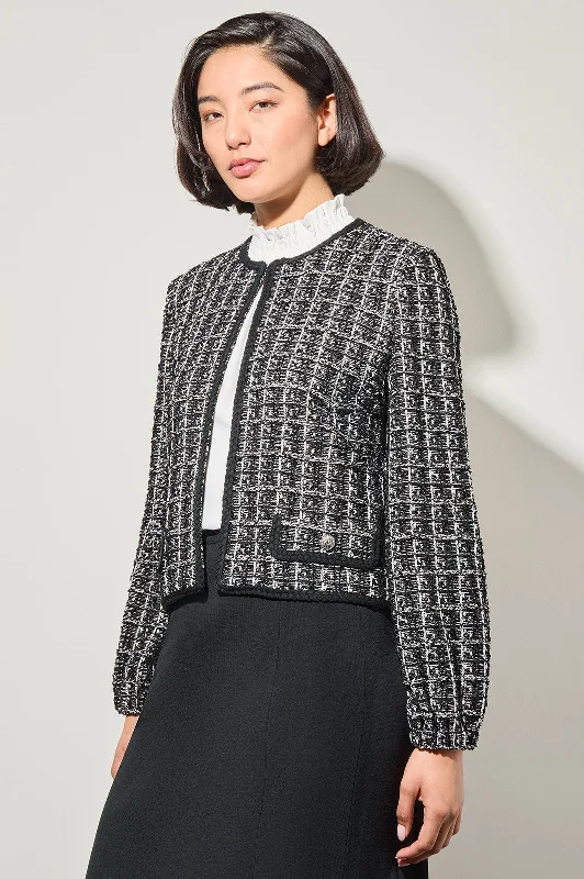 Cropped Open Front Jacket - Tweed Knit, Black