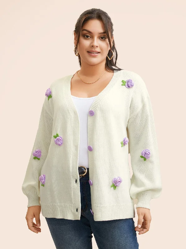 Crochet Floral Contrast Button Up Cardigan