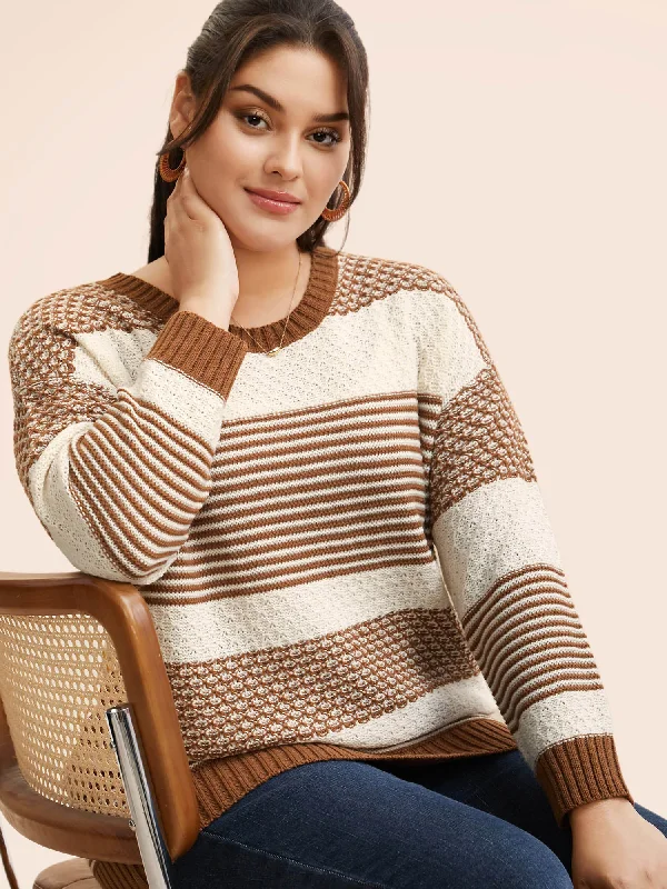 Round Neck Striped Patchwork Texture Pullover